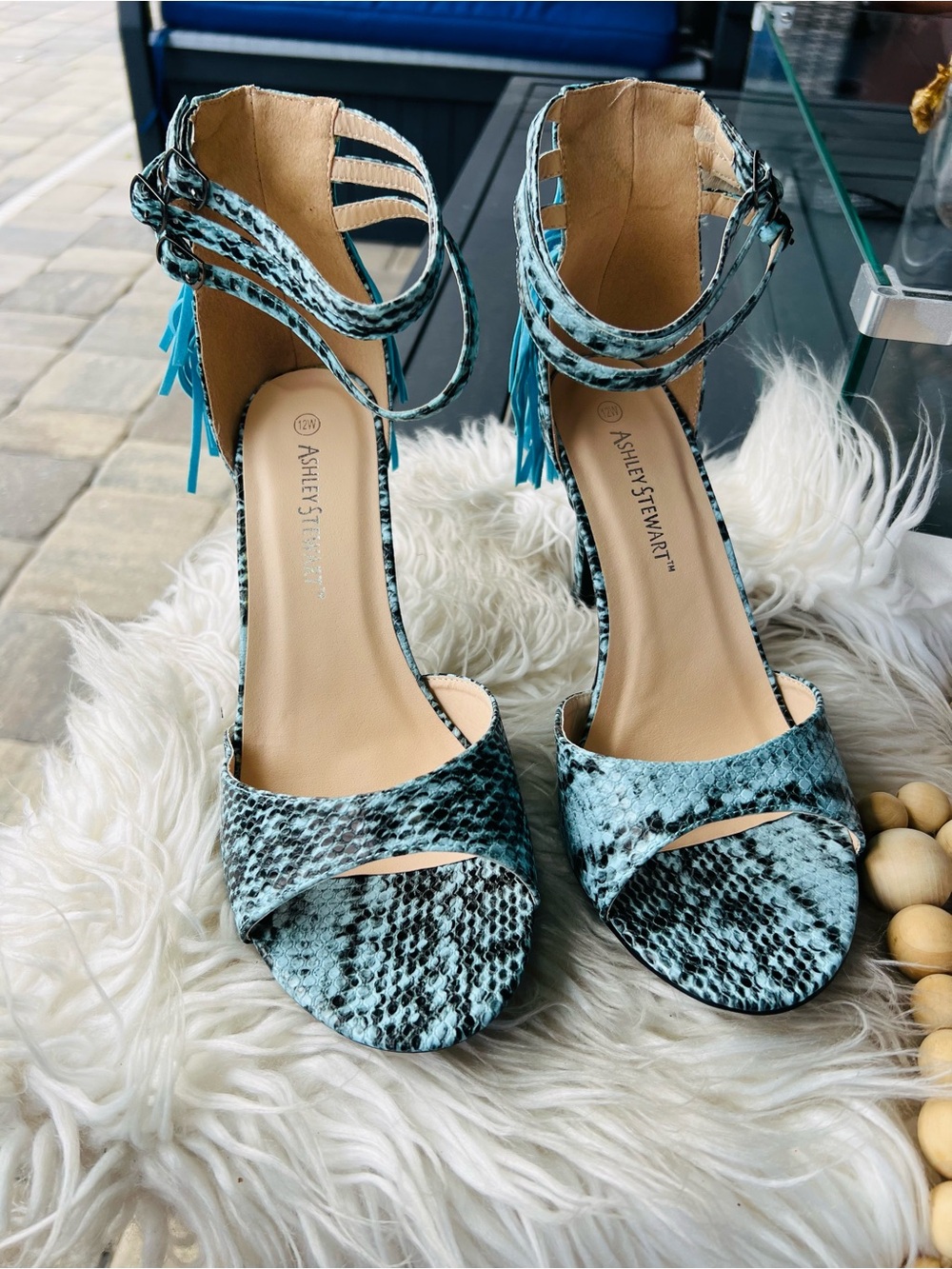 Ashley Stewart Turquoise Snake-Print Fringe Stiletto Sandals - Picture 4 of 6